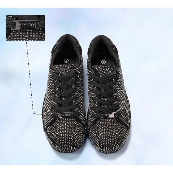 Women's Black Pewter Rhinestone Fashion Glitter Sneakers Sparkly Shiny Shoes - Picture 6 of 9